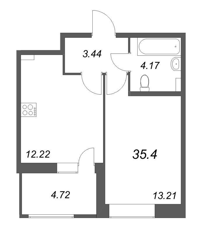 1-комнатная квартира, 35.4 м² - планировка, фото №1