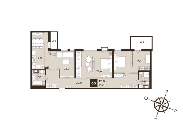 3-комнатная (Евро) квартира, 111.8 м² в ЖК "Дом на Бронницкой" - планировка, фото №1