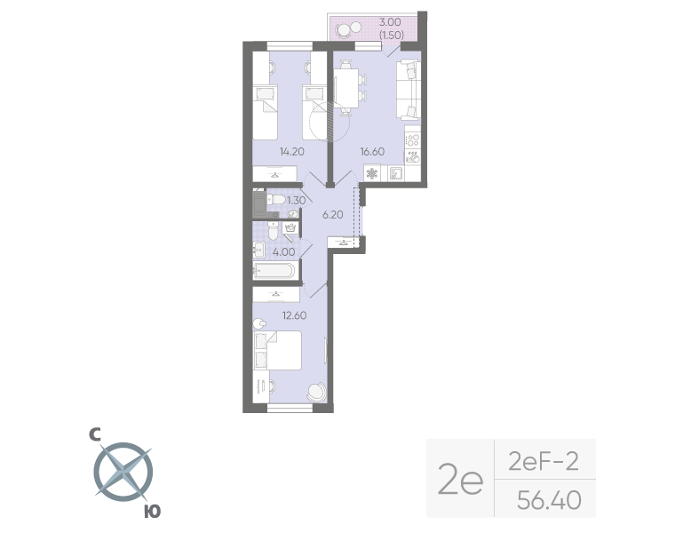 3-комнатная (Евро) квартира, 56.4 м² в ЖК "Ручьи" - планировка, фото №1
