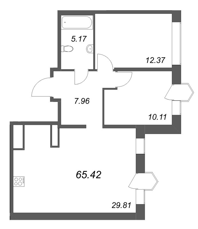 3-комнатная (Евро) квартира, 65.42 м² в ЖК "Avant" - планировка, фото №1