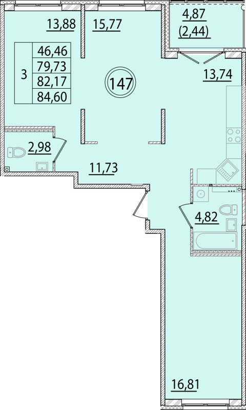 3-комнатная квартира, 79.73 м² - планировка, фото №1