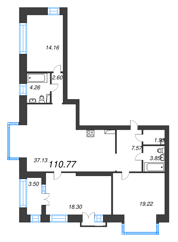 4-комнатная (Евро) квартира, 110.77 м² в ЖК "Наука" - планировка, фото №1