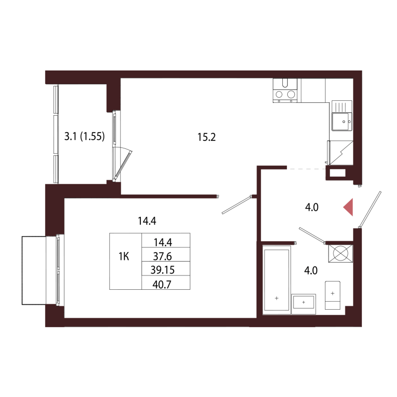 2-комнатная (Евро) квартира, 39.15 м² в ЖК "Лисино" - планировка, фото №1