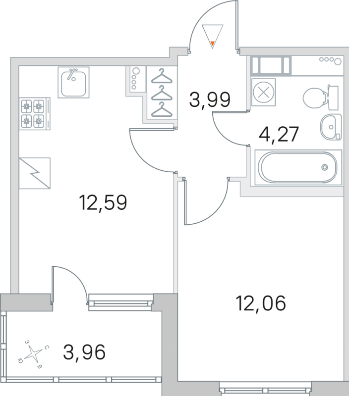 1-комнатная квартира, 32.91 м² - планировка, фото №1