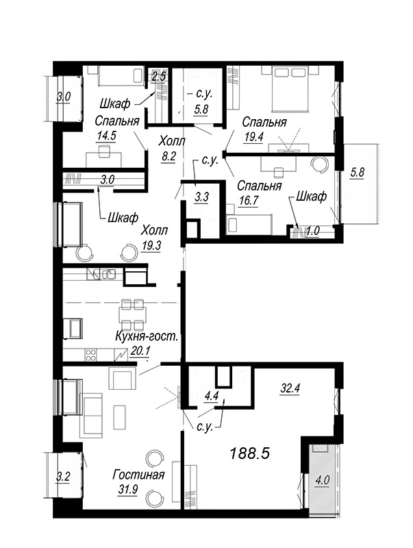 5-комнатная квартира, 178.1 м² - планировка, фото №1