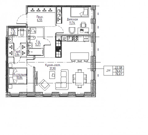 3-комнатная (Евро) квартира, 76.61 м² - планировка, фото №1
