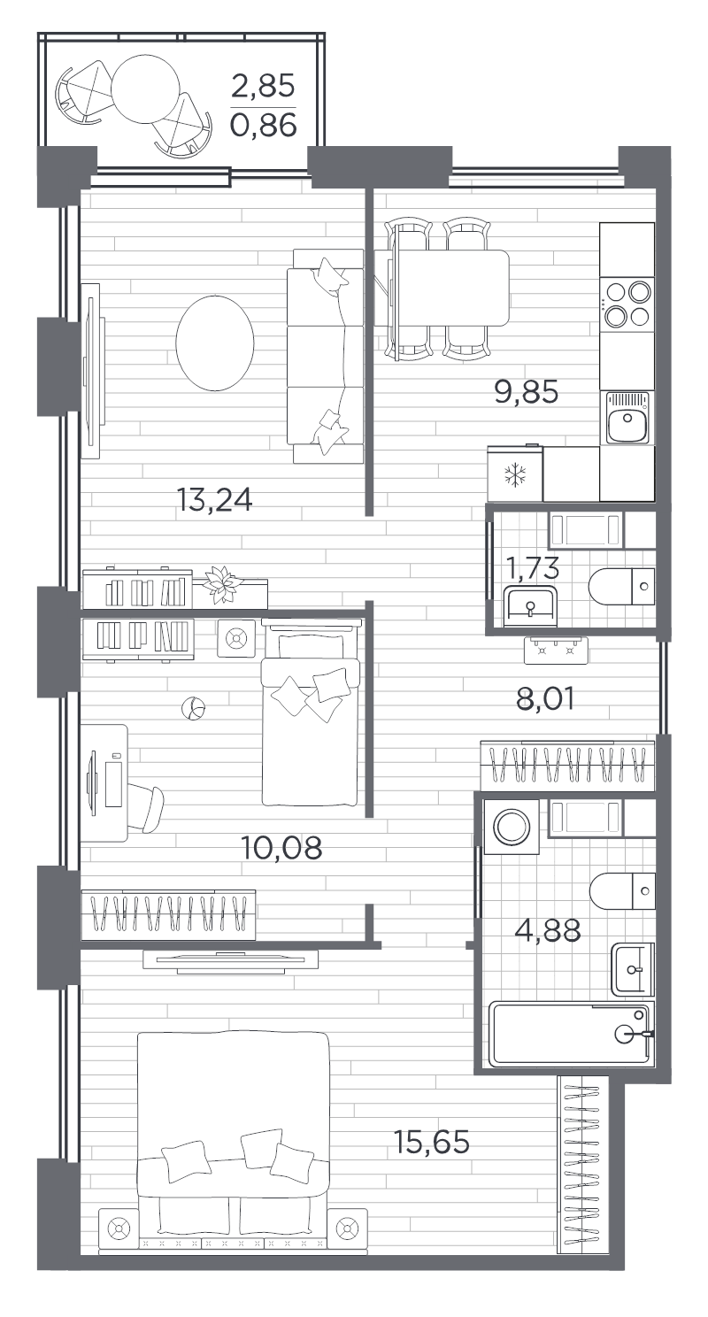 3-комнатная квартира, 64.3 м² в ЖК "PLUS Пулковский" - планировка, фото №1