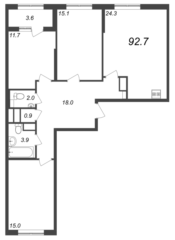 3-комнатная квартира, 92.6 м² - планировка, фото №1