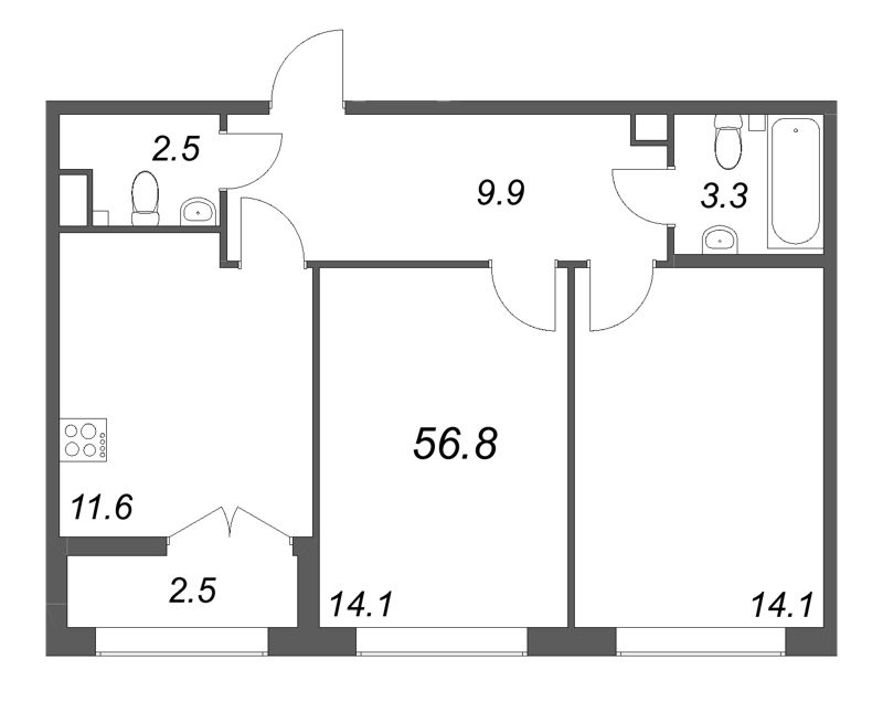 2-комнатная квартира, 56.8 м² в ЖК "Кронунг ЮГ" - планировка, фото №1