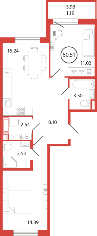 3-комнатная (Евро) квартира, 60.51 м² в ЖК "Энфилд" - планировка, фото №1