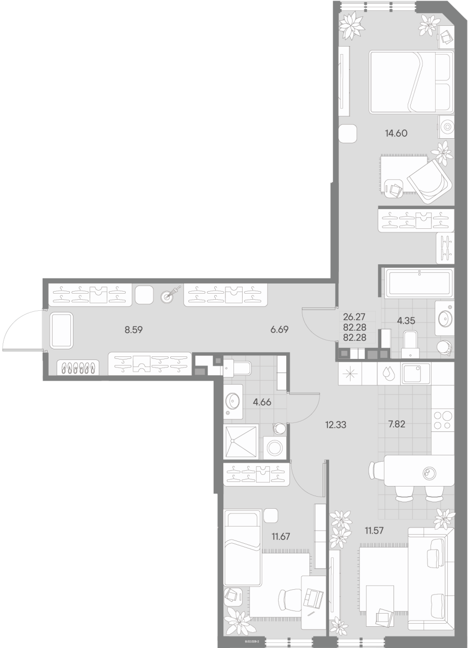 3-комнатная (Евро) квартира, 82.28 м² в ЖК "Amo" - планировка, фото №1