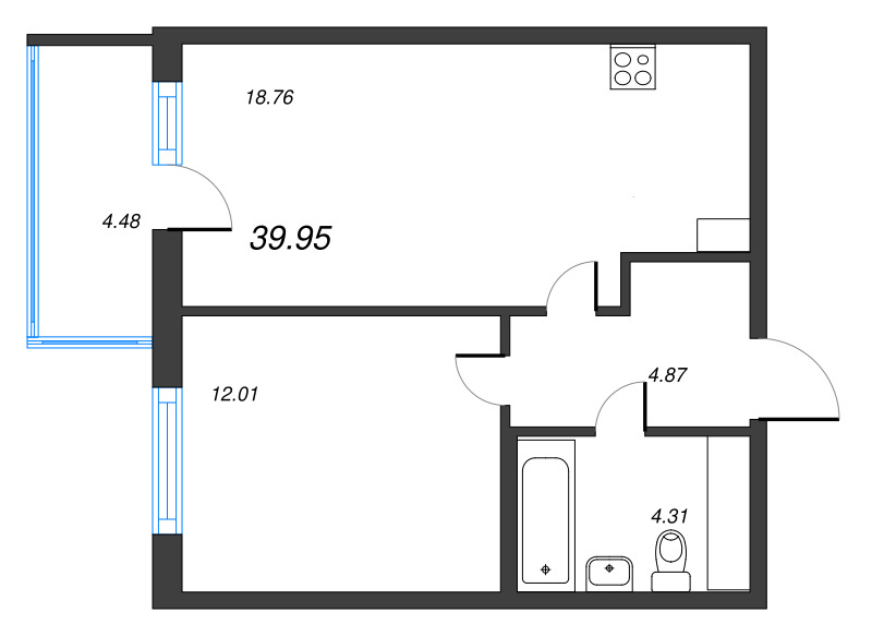 2-комнатная (Евро) квартира, 39.95 м² в ЖК "Ясно.Янино" - планировка, фото №1