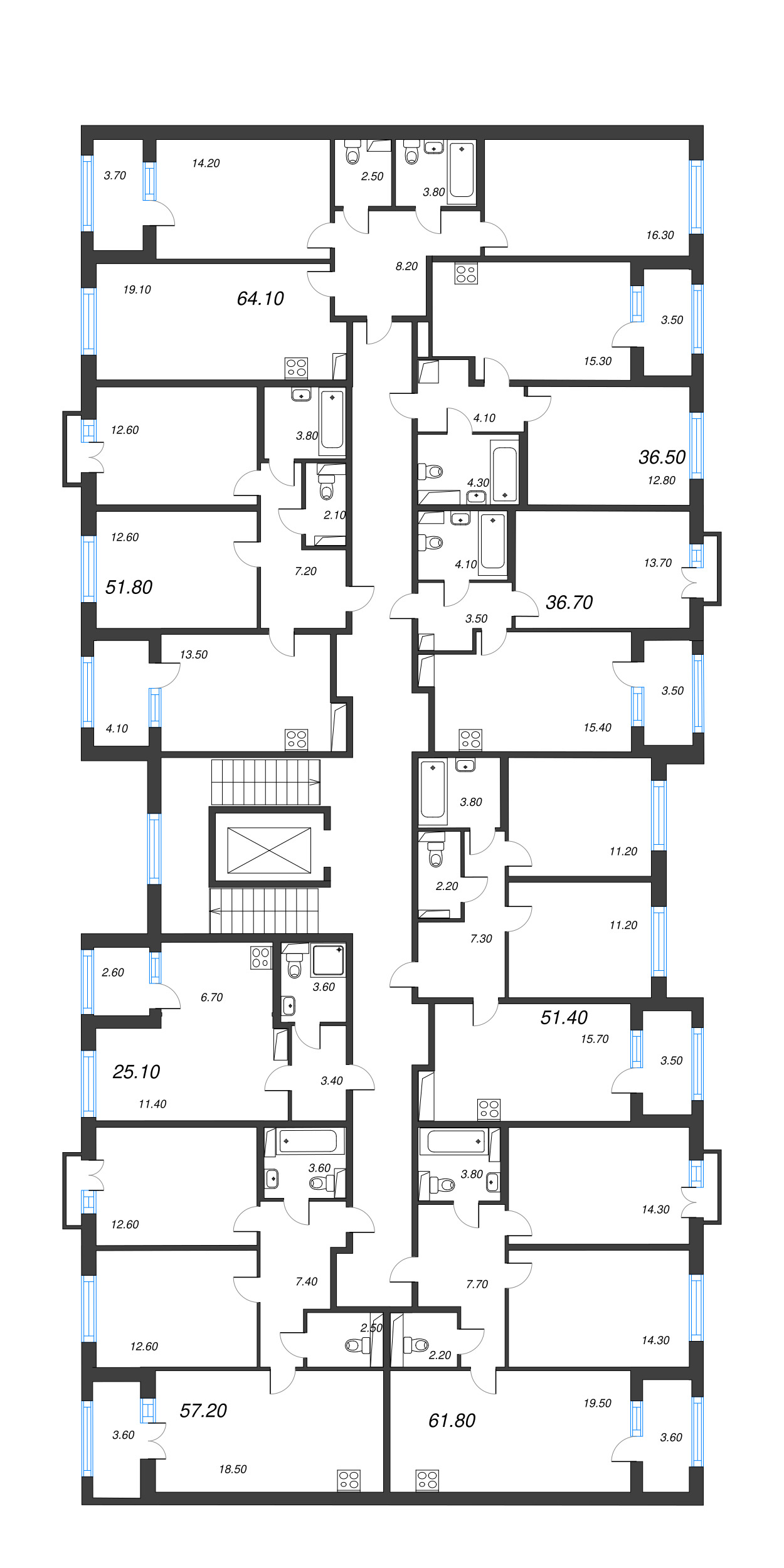 3-комнатная (Евро) квартира, 51.4 м² - планировка этажа