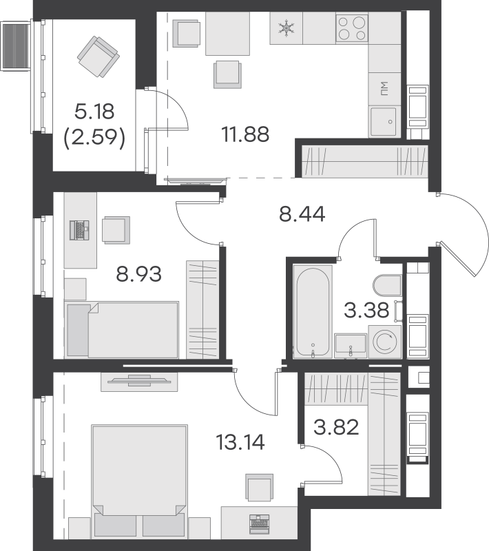 2-комнатная квартира, 52.18 м² - планировка, фото №1