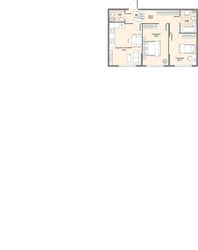 3-комнатная (Евро) квартира, 57.84 м² в ЖК "Охтинские высоты" - планировка, фото №1