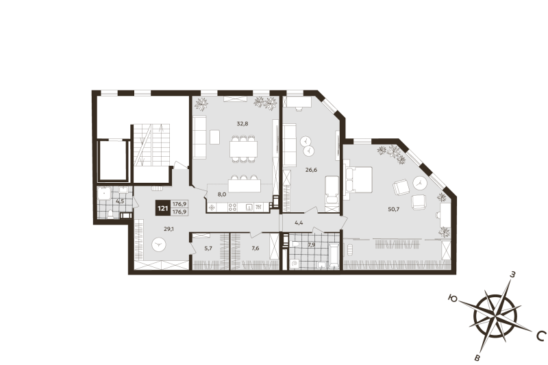 3-комнатная (Евро) квартира, 177.3 м² в ЖК "Дом на Бронницкой" - планировка, фото №1