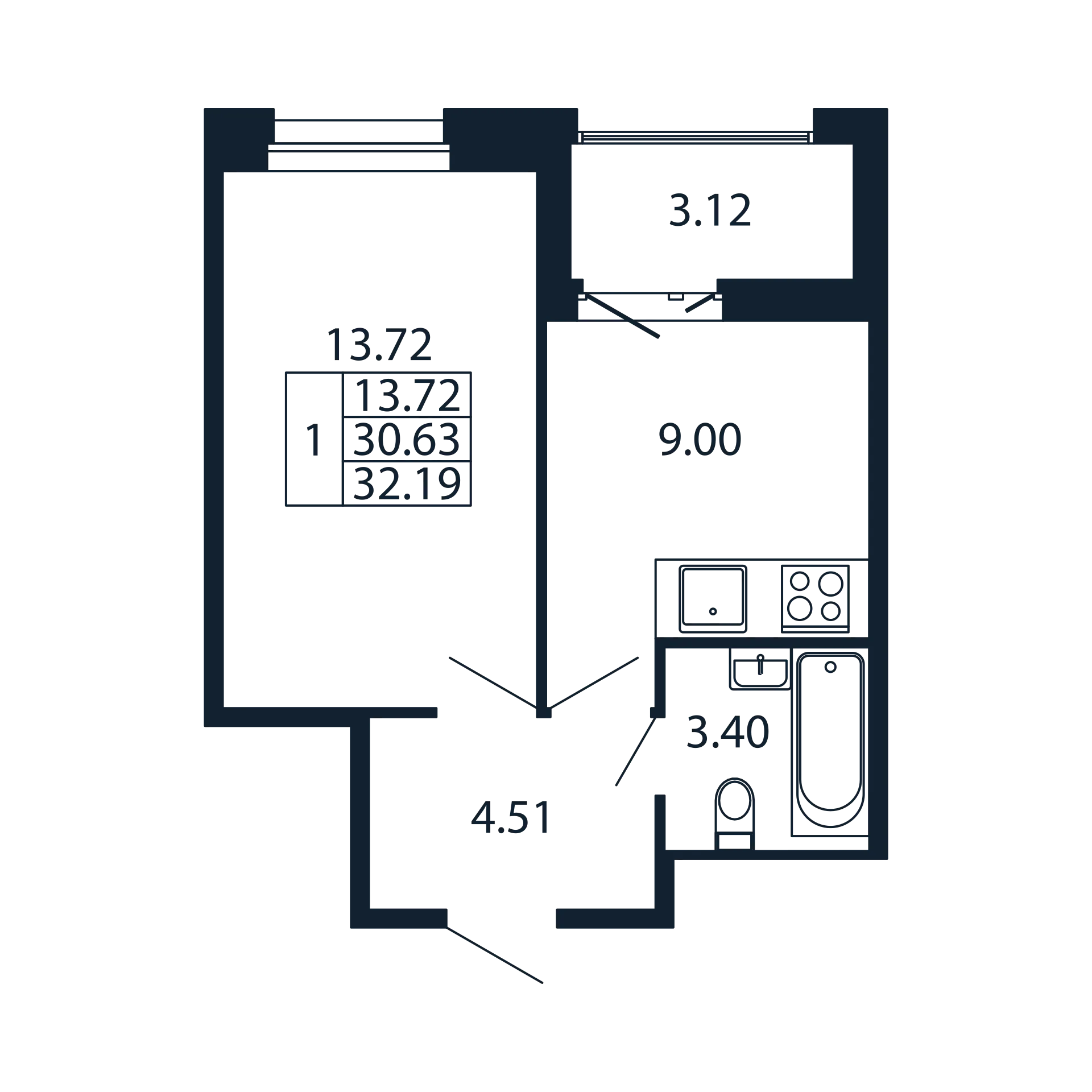 1-комнатная квартира, 30.63 м² - планировка, фото №1