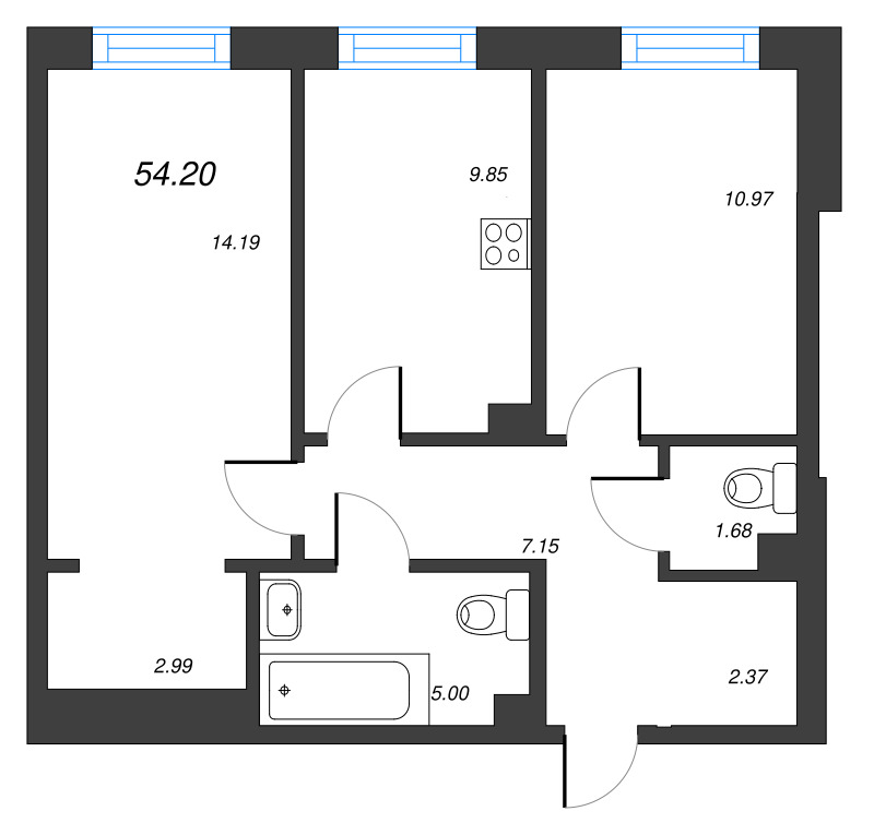 2-комнатная квартира, 54.2 м² в ЖК "Тишин" - планировка, фото №1