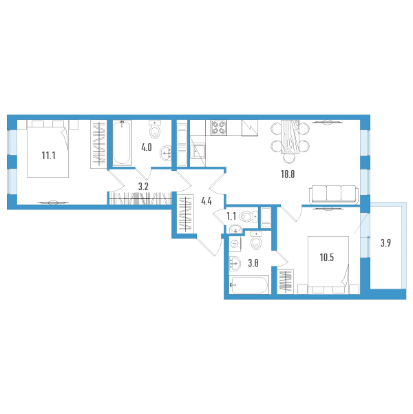 3-комнатная (Евро) квартира, 58.8 м² - планировка, фото №1