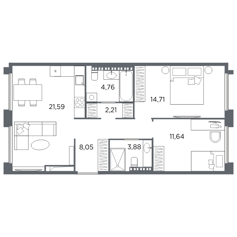 3-комнатная (Евро) квартира, 66.84 м² в ЖК "Акватория" - планировка, фото №1