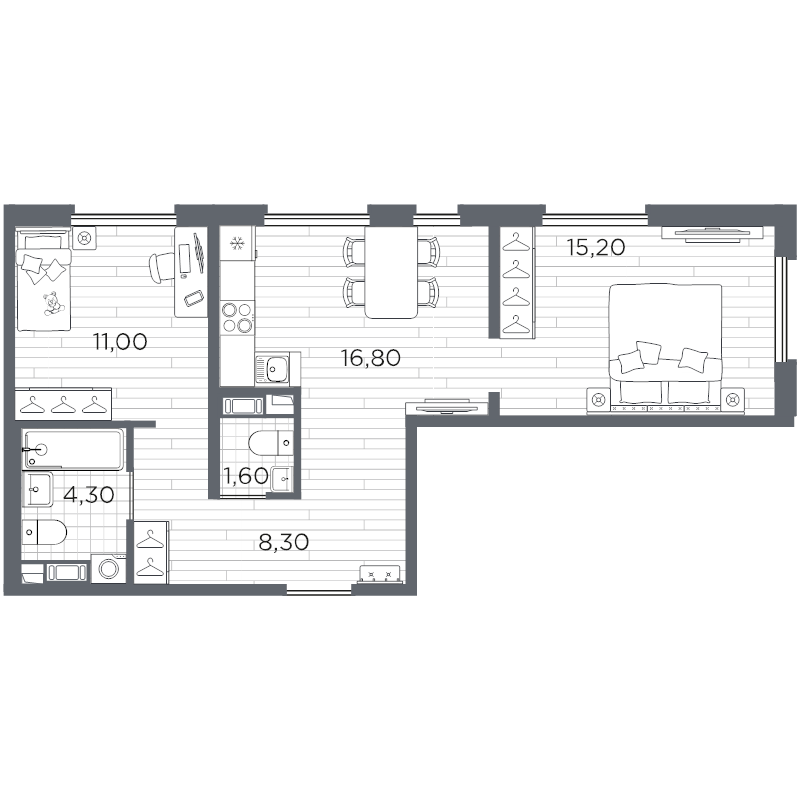 3-комнатная (Евро) квартира, 58.2 м² в ЖК "Плюс Пулковский" - планировка, фото №1