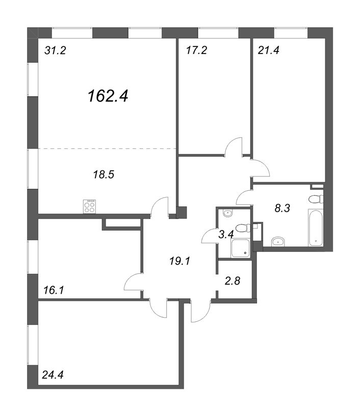5-комнатная (Евро) квартира, 163.2 м² - планировка, фото №1