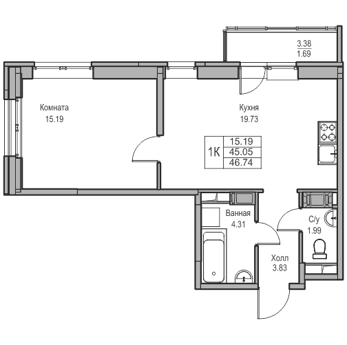 2-комнатная (Евро) квартира, 46.74 м² в ЖК "Юнтолово" - планировка, фото №1