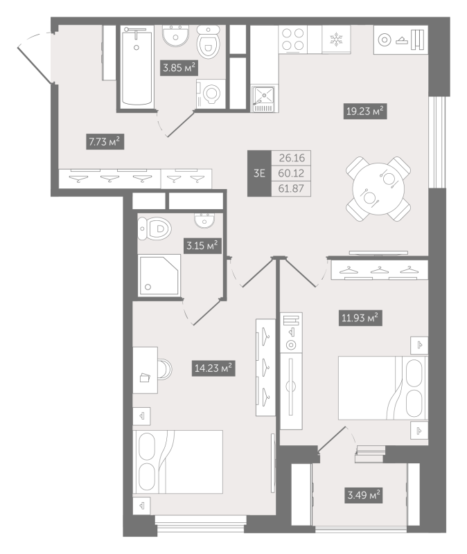 3-комнатная (Евро) квартира, 61.87 м² в ЖК "UP-квартал "Воронцовский"" - планировка, фото №1