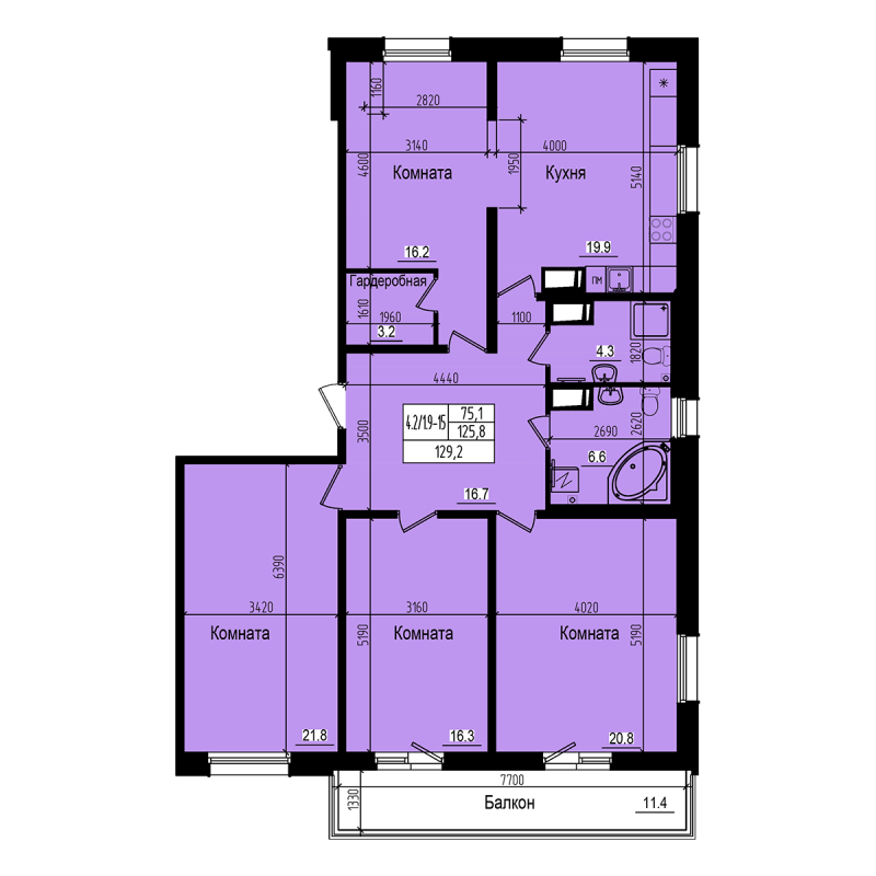 5-комнатная (Евро) квартира, 129.2 м² - планировка, фото №1