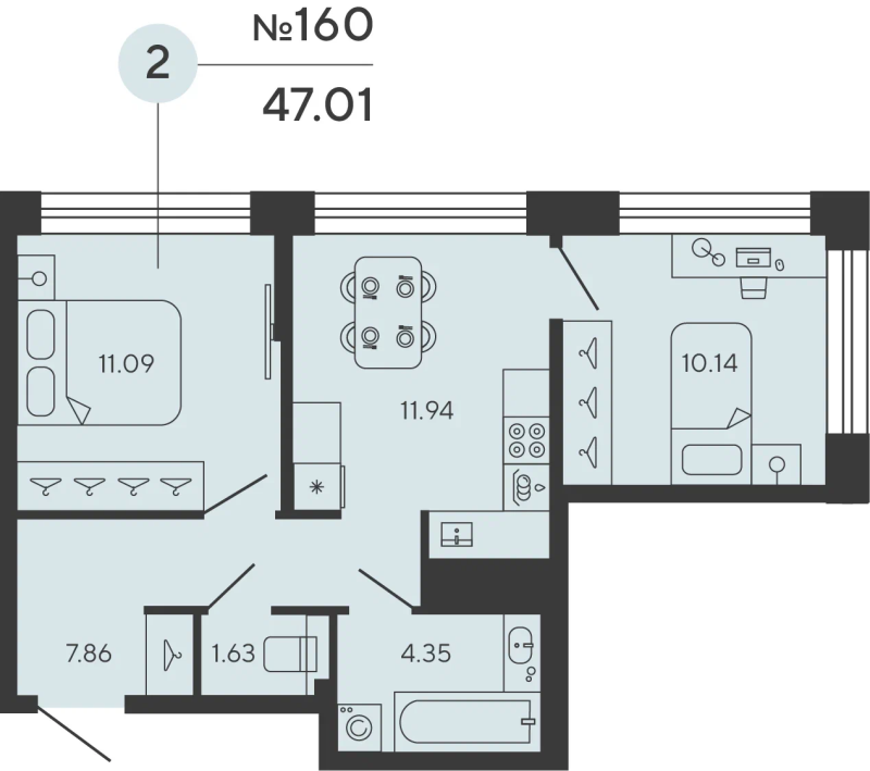 2-комнатная квартира, 47.01 м² в ЖК "Bashni Element" - планировка, фото №1