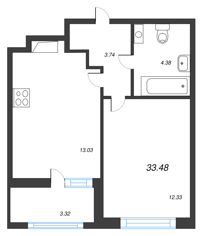 2-комнатная (Евро) квартира, 33.48 м² в ЖК "Полис Приморский 2" - планировка, фото №1