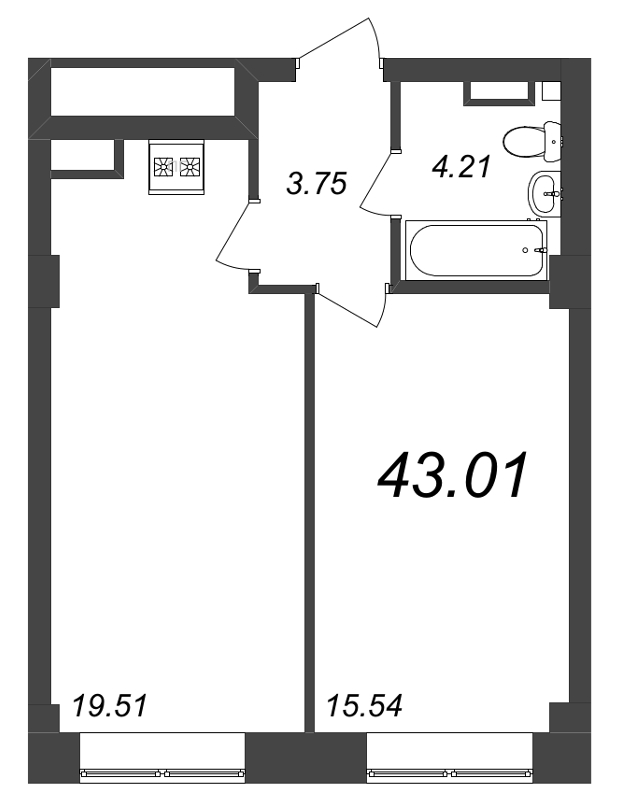 2-комнатная (Евро) квартира, 43.01 м² - планировка, фото №1