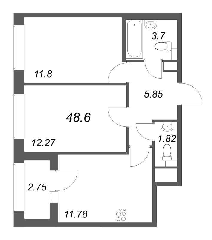 2-комнатная квартира, 48.6 м² в ЖК "Аурум" - планировка, фото №1