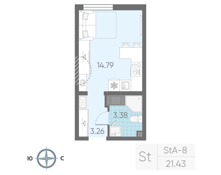 Квартира-студия, 21.43 м² в ЖК "Морская миля" - планировка, фото №1
