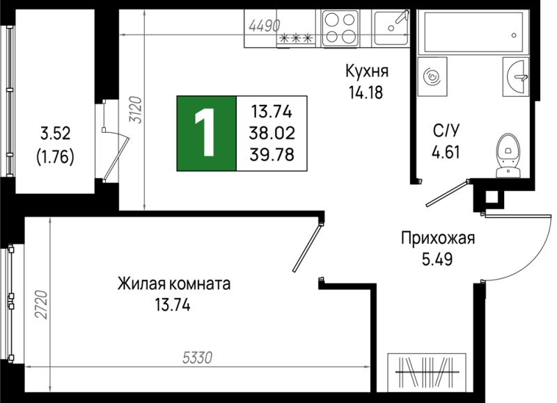 1-комнатная квартира, 39.78 м² в ЖК "Имена" - планировка, фото №1