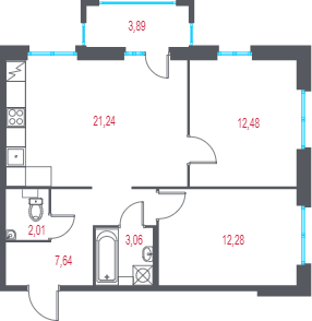 3-комнатная (Евро) квартира, 59.88 м² в ЖК "Город-спутник Южный" - планировка, фото №1