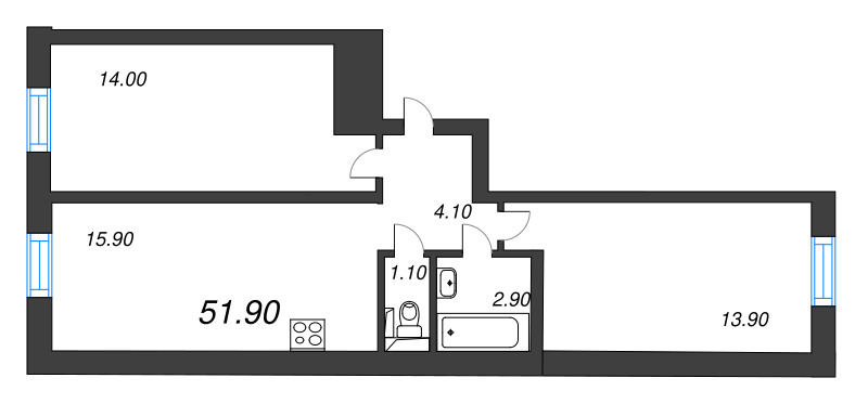 3-комнатная (Евро) квартира, 51.9 м² в ЖК "Эко Квартал Нега" - планировка, фото №1