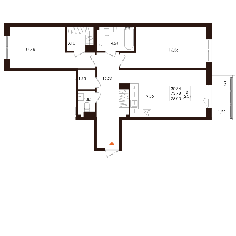 3-комнатная (Евро) квартира, 75 м² в ЖК "Лисино" - планировка, фото №1