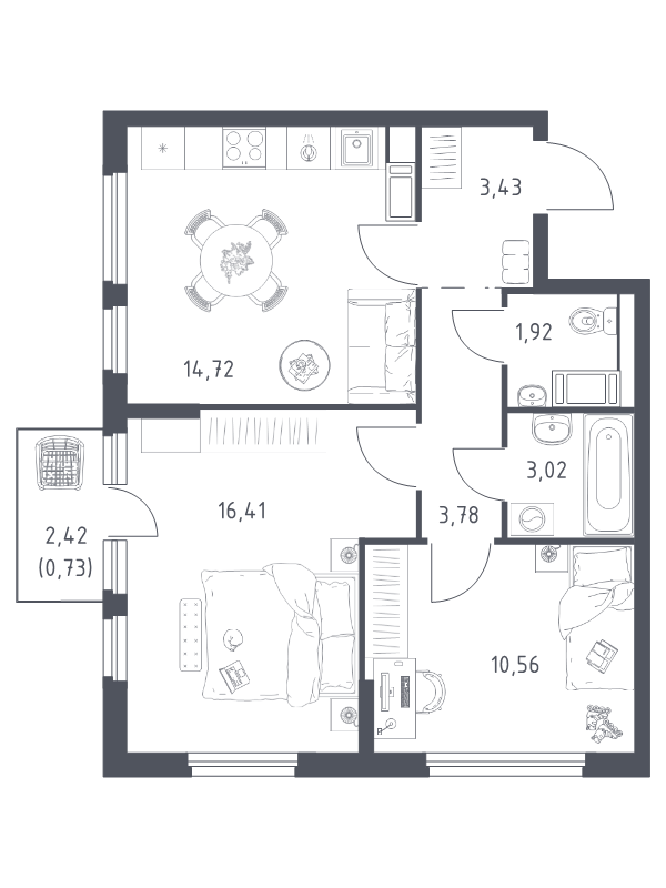 2-комнатная квартира, 54.57 м² в ЖК "Новое Колпино" - планировка, фото №1