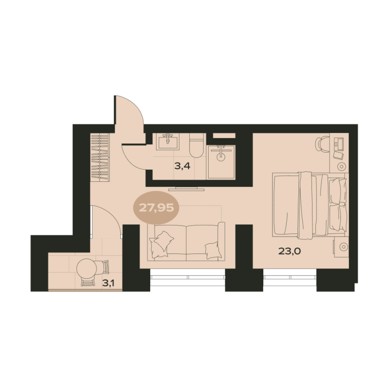 2-комнатная квартира, 29.5 м² в ЖК "Место в Смолячково" - планировка, фото №1
