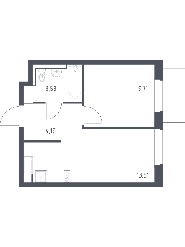 1-комнатная квартира, 30.99 м² - планировка, фото №1