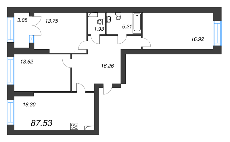 4-комнатная (Евро) квартира, 92.9 м² - планировка, фото №1