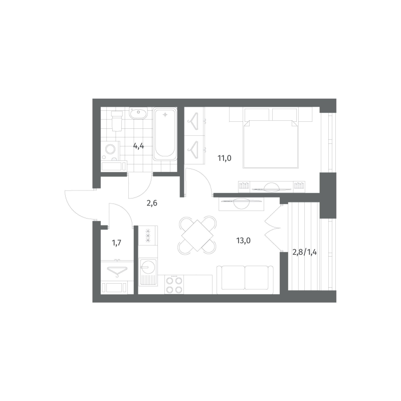 1-комнатная квартира, 34.17 м² в ЖК "NewПитер 2.0" - планировка, фото №1