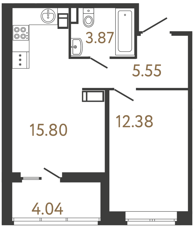 2-комнатная (Евро) квартира, 37.6 м² в ЖК "Ultra City 3.0" - планировка, фото №1