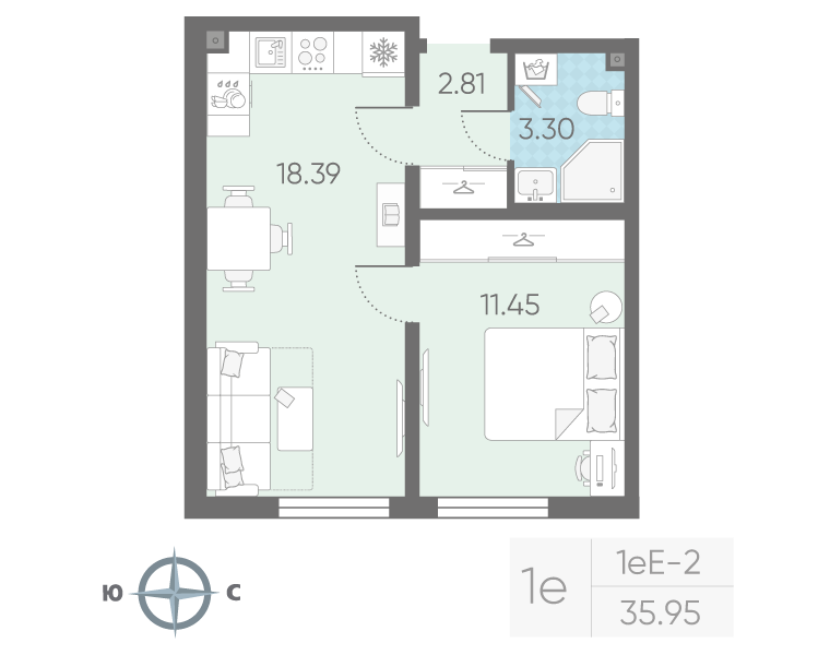 2-комнатная (Евро) квартира, 35.95 м² в ЖК "Морская миля" - планировка, фото №1