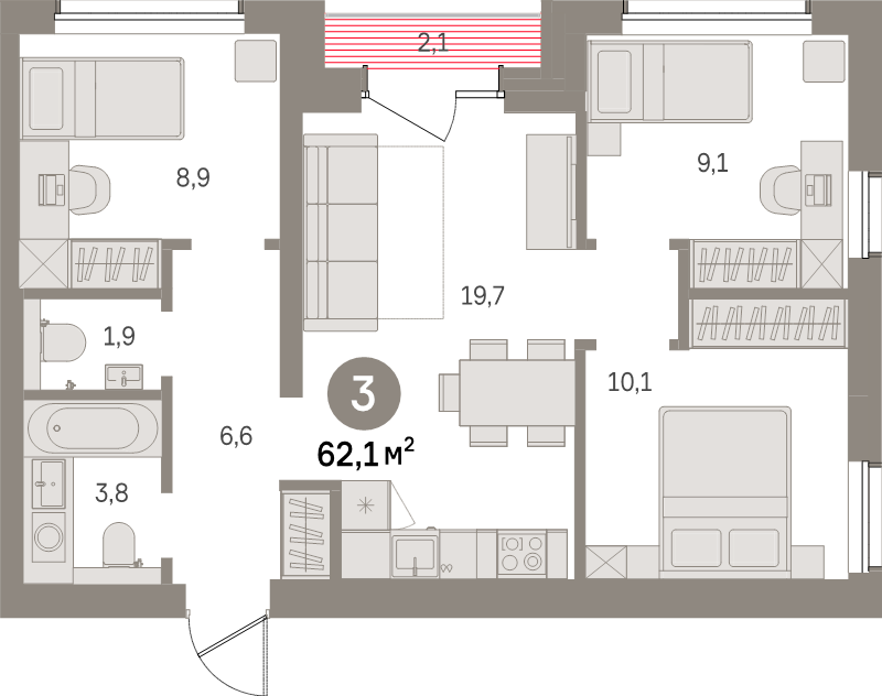 4-комнатная (Евро) квартира, 62.1 м² в ЖК "Северный ветер" - планировка, фото №1