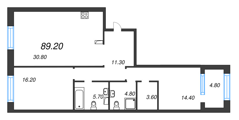 3-комнатная (Евро) квартира, 89.2 м² - планировка, фото №1