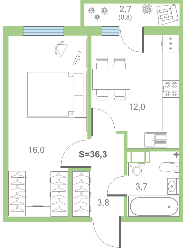 1-комнатная квартира, 36.4 м² в ЖК "Дуэт" - планировка, фото №1