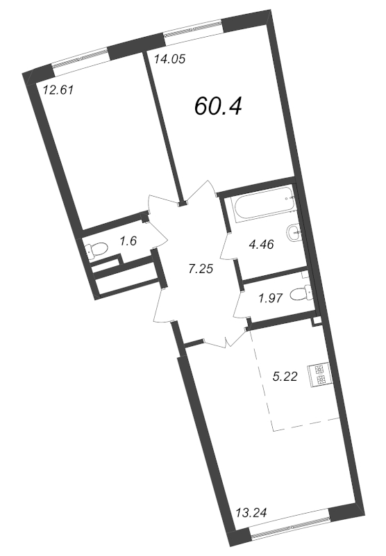 3-комнатная (Евро) квартира, 60.4 м² в ЖК "Морская набережная. SeaView" - планировка, фото №1