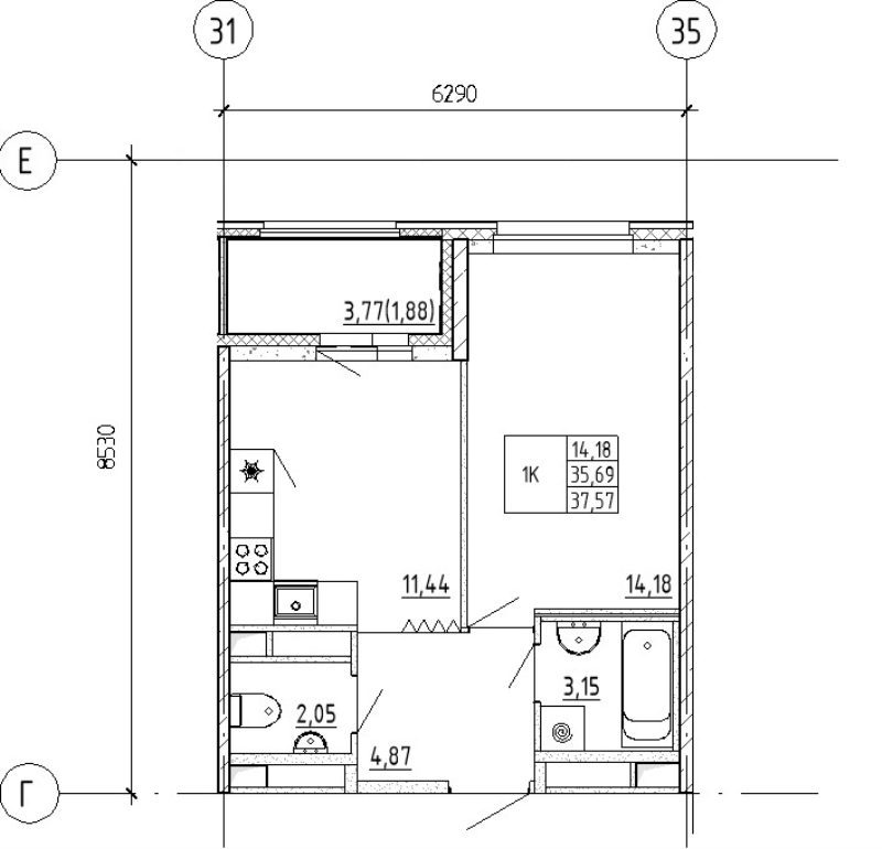 1-комнатная квартира, 37.57 м² - планировка, фото №1